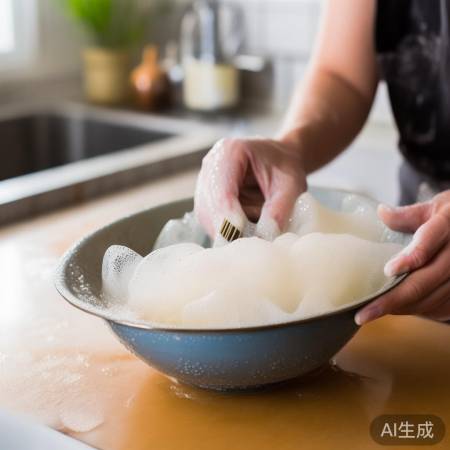 “温水洗洁精，轻松洗过滤网”